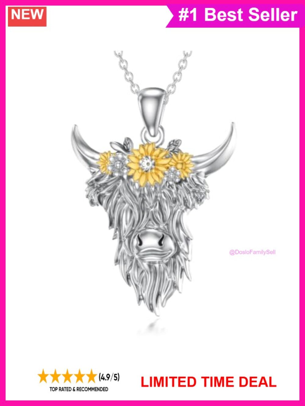 925 Sterling Silver Highland Cow Pendant Necklace Lab Grown Diamond